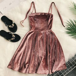 Lucuna - Spaghetti Strap Velvet Mini A-Line Dress Lucuna - Spaghetti Strap Velvet Mini A-Line Dress