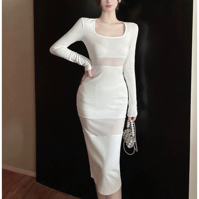 knee length dresses for ladies White Midi Dress Long Sleeve Square Neck Ruched Bodycon main image 0