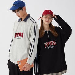 Drewush Couple Matching Louis Heart Lettering Zip-Collared Sweatshirt