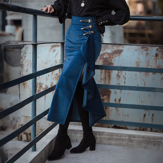 ManaLisa High Waist Plain Ruffle Side-Slit Midi Pencil Skirt