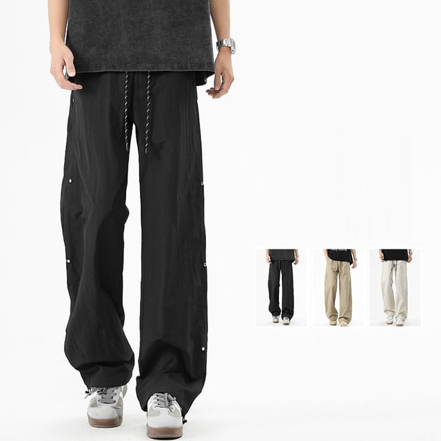 Soulcity-High Waist Plain Drawstring Wide Leg Pants