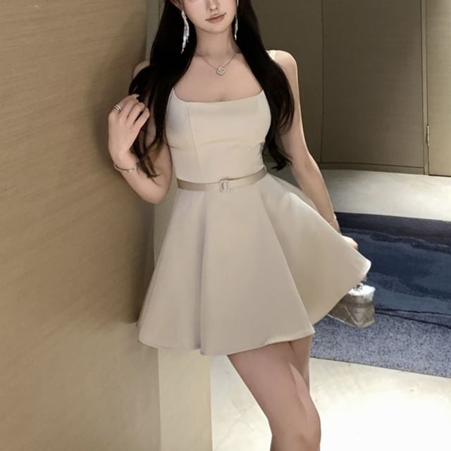 Strawolf-Spaghetti Strap Square Neck Plain Mini A-Line Dress