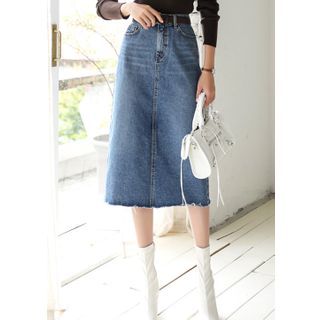 midi distressed denim skirt
