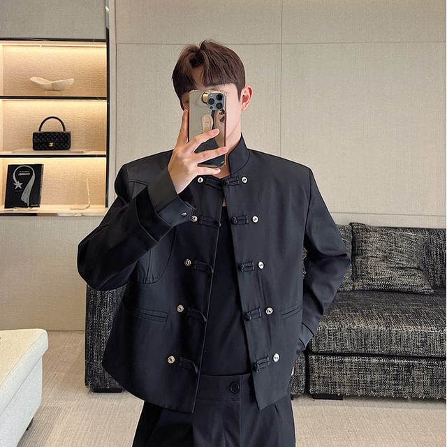 Patow-Stand Collar Plain Knot Button Jacket