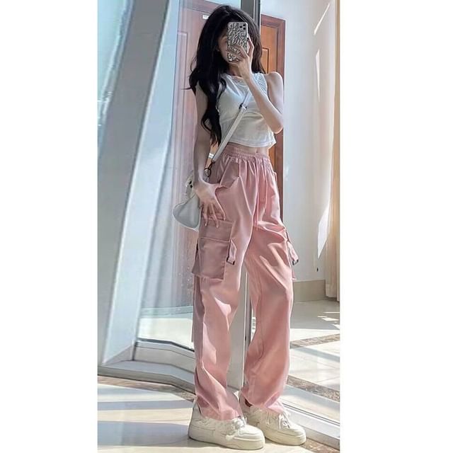 Dovitade-High Waist Plain Straight Leg Cargo Pants