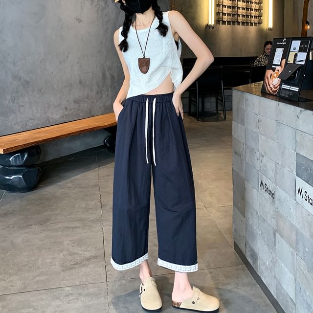 Magimomo-Drawstring Waist Panel Lace Cropped Straight Leg Pants