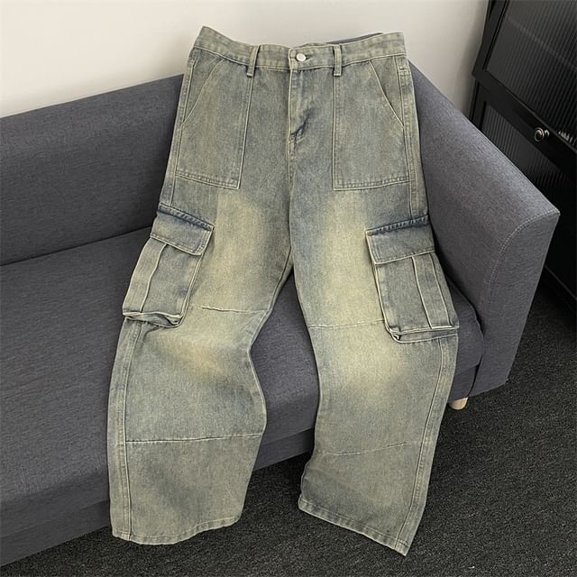 Plummie-Mid Rise Washed Wide Leg Cargo Jeans
