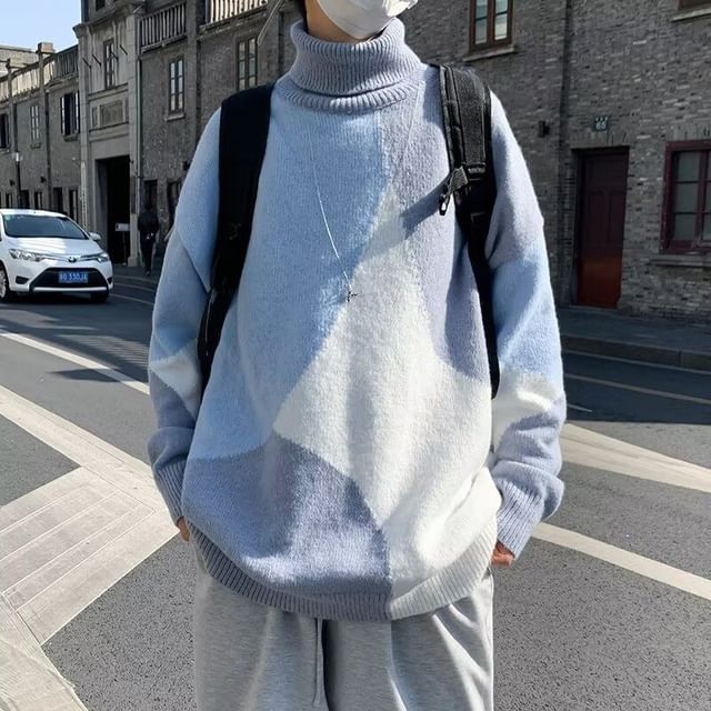 Kimeya-Turtleneck Color Block Sweater