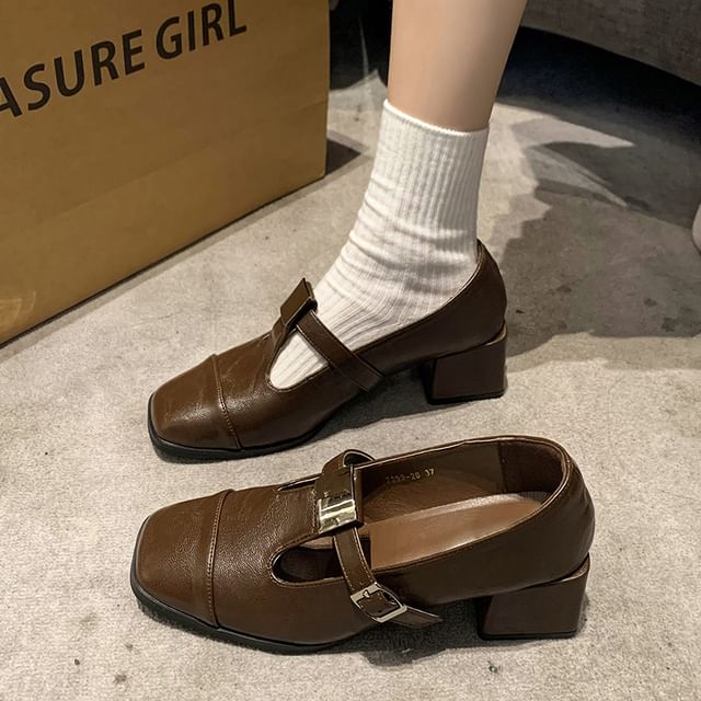 Nikao-Square Cap Toe Block Heel T-Strap Pumps
