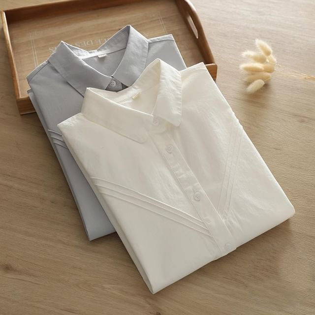 PANDAGO-Long Sleeve Collared Plain Button Shirt
