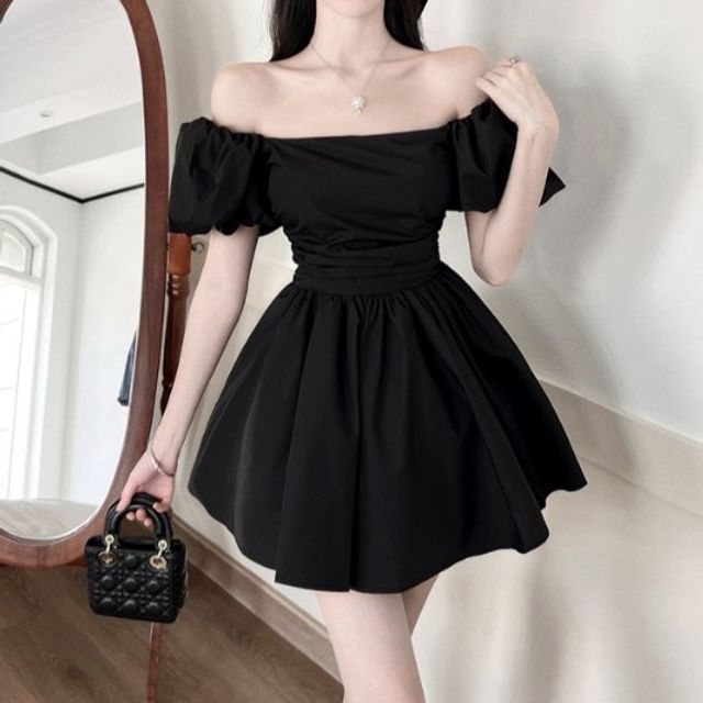 Amanee Short-Sleeve Off Shoulder Plain Ruched Mini A-Line Dress