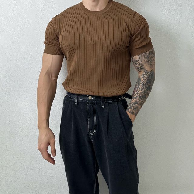 Okwano-Short-Sleeve Crew Neck Plain Knit Top