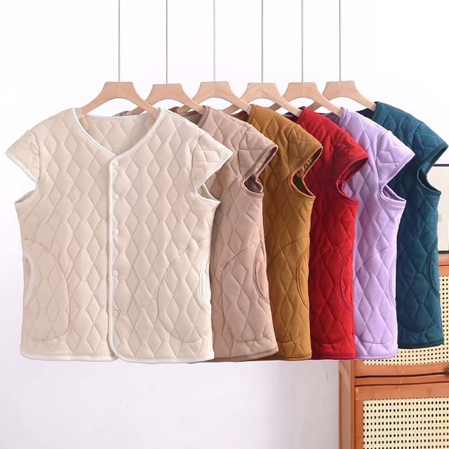 KUMI-Cap-Sleeve V-Neck Plain Quilted Button-Up Vest