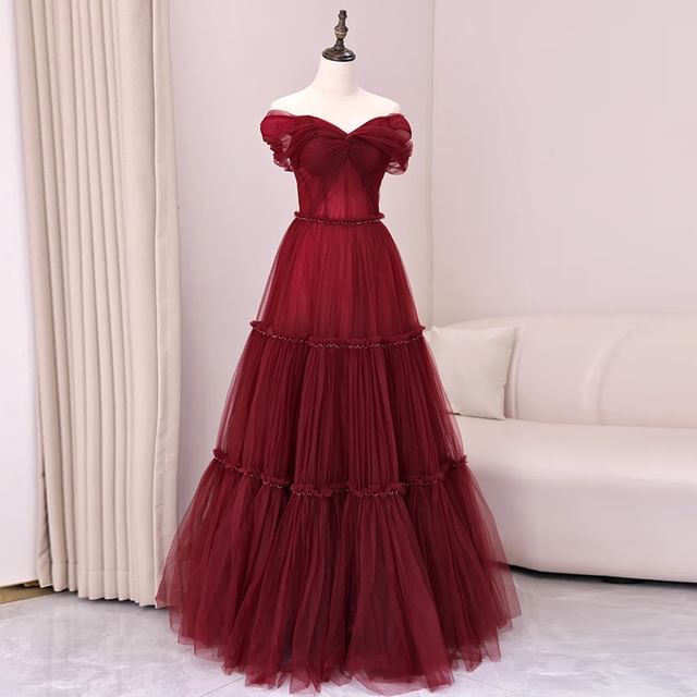 Fioridi-Off-Shoulder Plain Knot Mesh A-Line Evening Gown