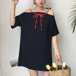 Miss Kekeli - Bow-Accent Off-Shoulder Elbow-Sleeve T-Shirt Dress Miss Kekeli - Bow-Accent Off-Shoulder Elbow-Sleeve T-Shirt Dress