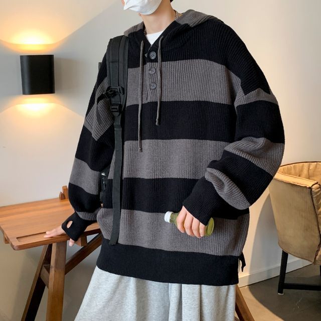 Zentrus - Long-Sleeve Striped Knit Hoodie | YesStyle