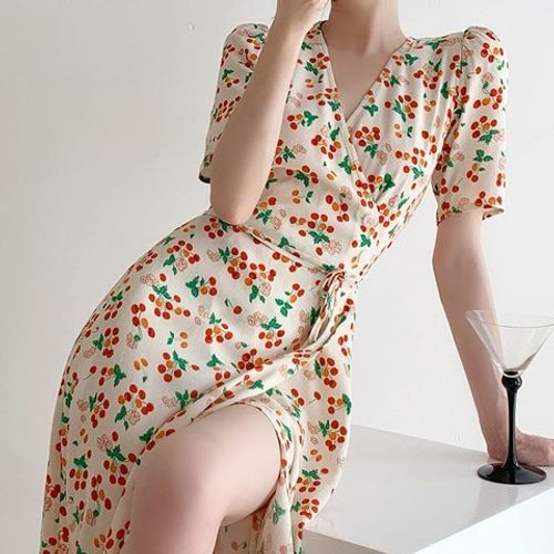 Gourgie - Short-Sleeve Fruit Print Midi Wrap Dress