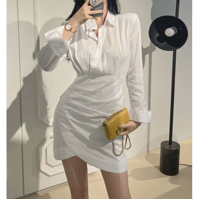 palajana - Long-Sleeve Collared Plain Ruched Mini Sheath Shirt Dress