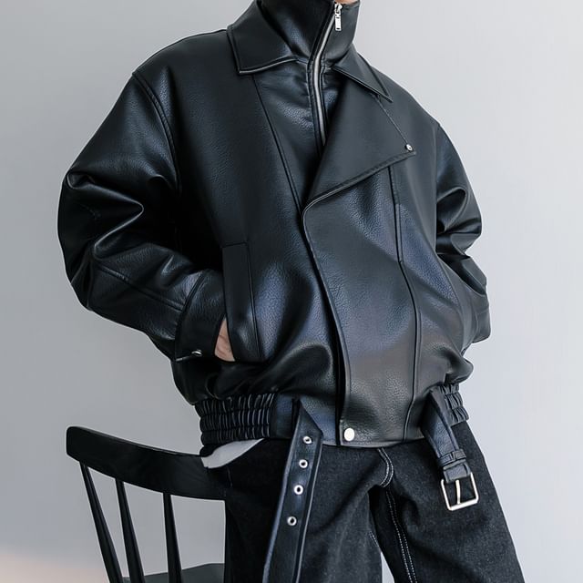 CHIC ERRO-Faux Leather Belted Zip Jacket
