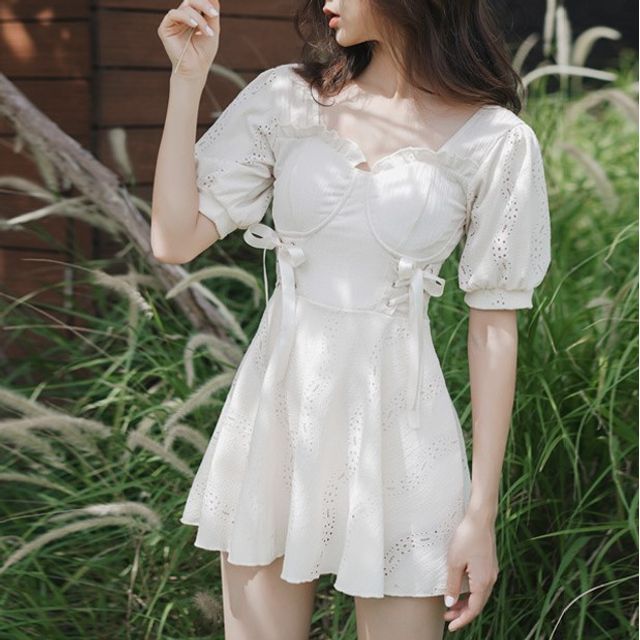 Honolulu - Puff-Sleeve Lace-Up Swim Dress | YesStyle