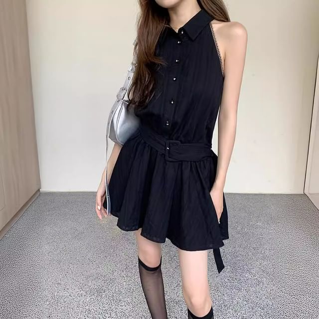 Omibayo-Set Halter Neck Collared Plain Lace Trim Half-Buttoned Mini A-Line Dress Belt