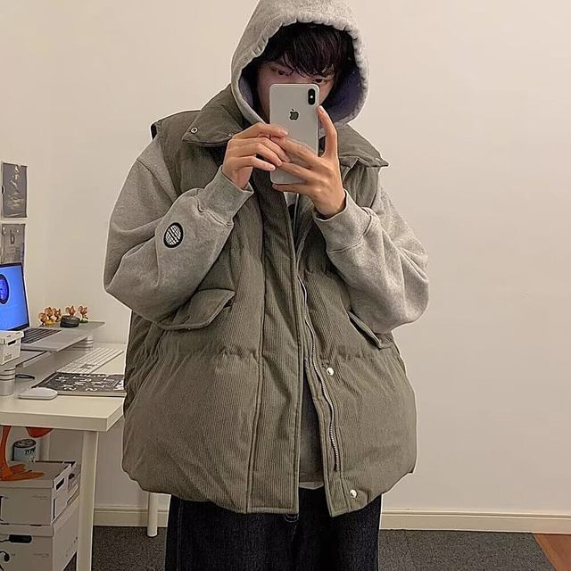 Real Boy-Corduroy Stand Collar Plain Zip Button Puffer Vest