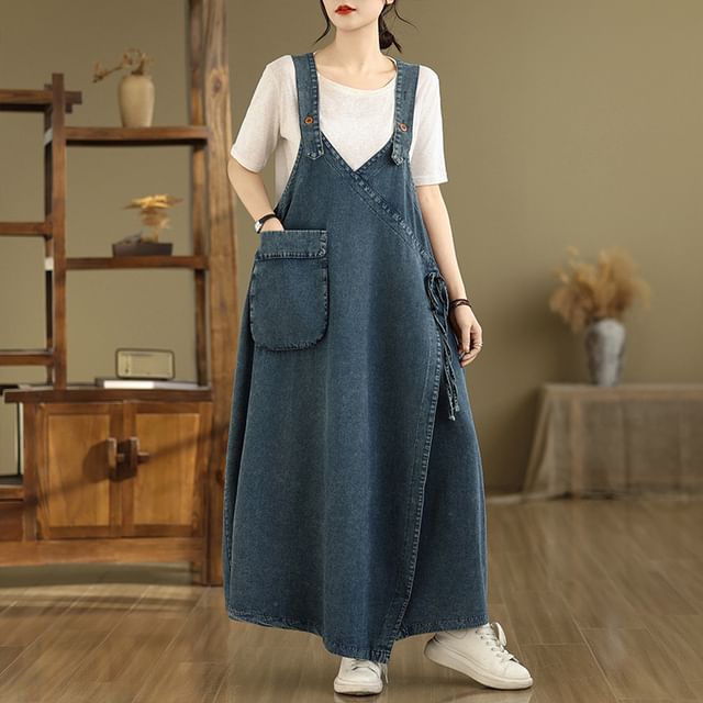 Lewwe-Washed Denim Wrap Maxi Jumper Dress