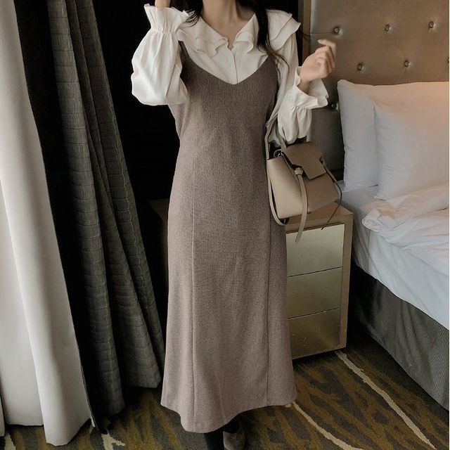 Leoom - Bell-Sleeve Collared Blouse / Midi A-Line Overall Dress | YesStyle