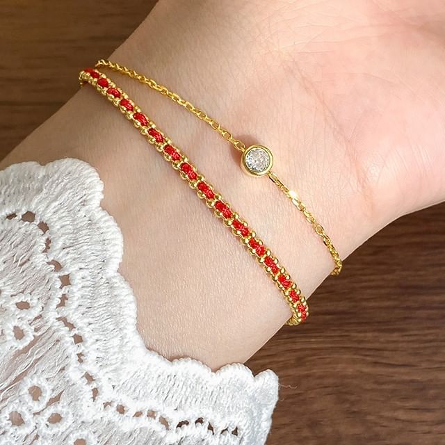 A-ROCH-990 Silver Rhinestone Red String Layered Bracelet