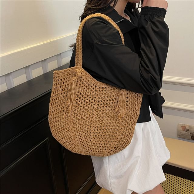 Chestnut Party-Plain Tassel Woven Tote Bag