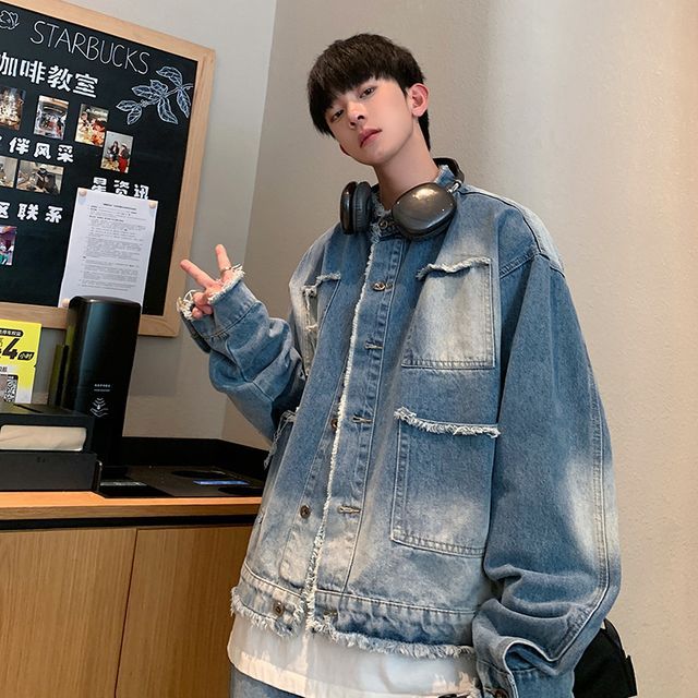 Vozenilek Mock Neck Washed Frayed Button-Up Denim Jacket YesStyle - Main Image