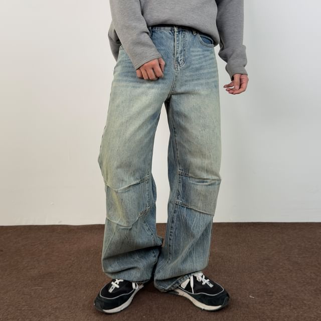 DragonRoad-Mid Rise Washed Wide Leg Jeans