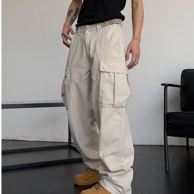 DuckleBeam-Mid Rise Plain Wide Leg Cargo Pants