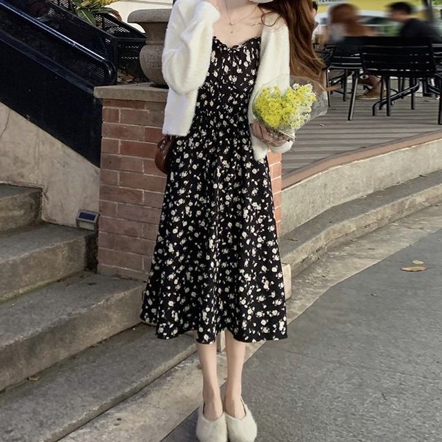 Rorah Spaghetti Strap Floral Print Midi Dress Cardigan YesStyle