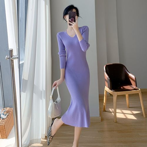 Long Sleeve V Neck Plain Midi Knit Mermaid Dress