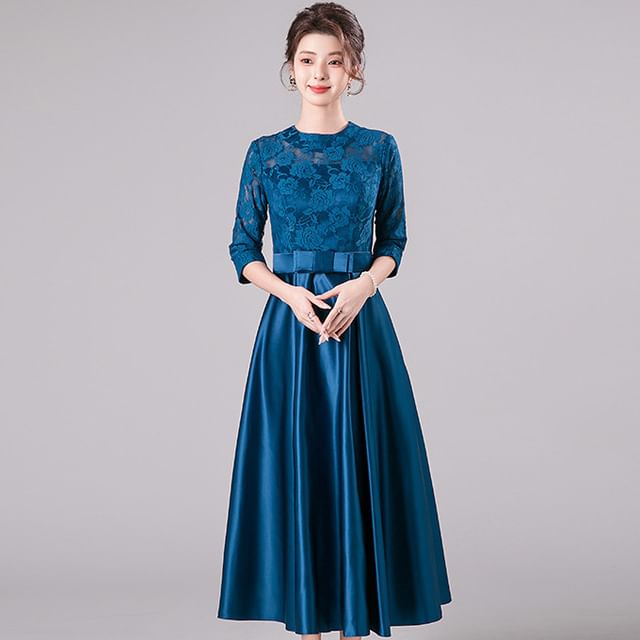 MSSBridal - 3/4-Sleeve Crew Neck Lace Panel Bow Accent Midi A-Line Cocktail  Dress