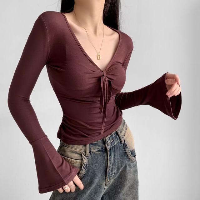 Asiris-Flared-Cuff V-Neck Plain Tie-Front T-Shirt