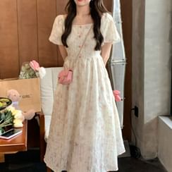 Short-Sleeve Square Neck Floral Midi A-Line Dress