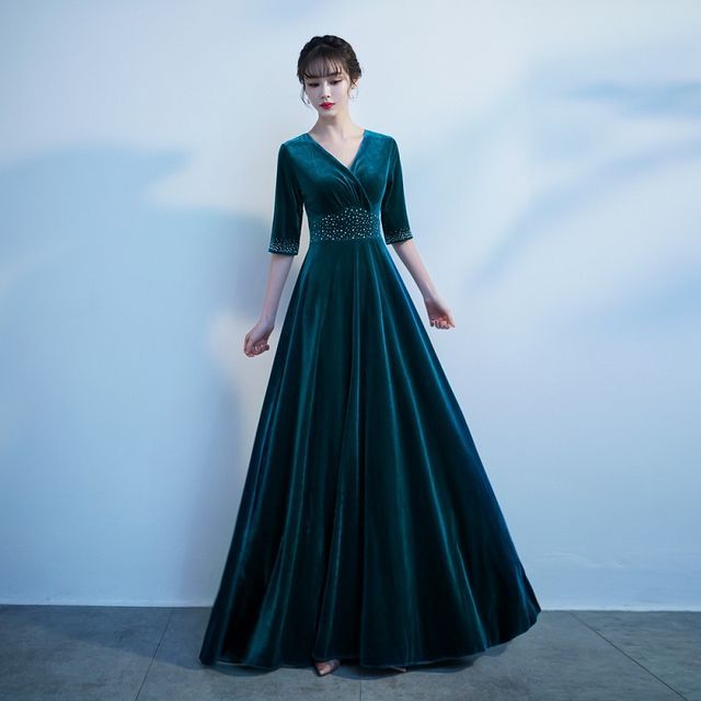 Ferim ElbowSleeve Velvet ALine Gown YesStyle