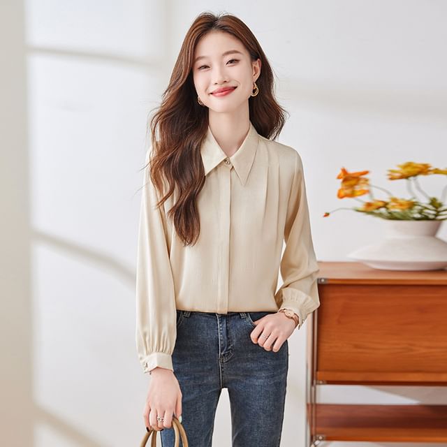 Skyheart-Long Sleeve Collared Plain Ruched Blouse