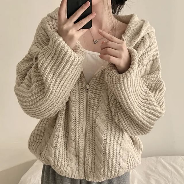 Janerium-Plain Hooded Cable-Knit Zip Cardigan