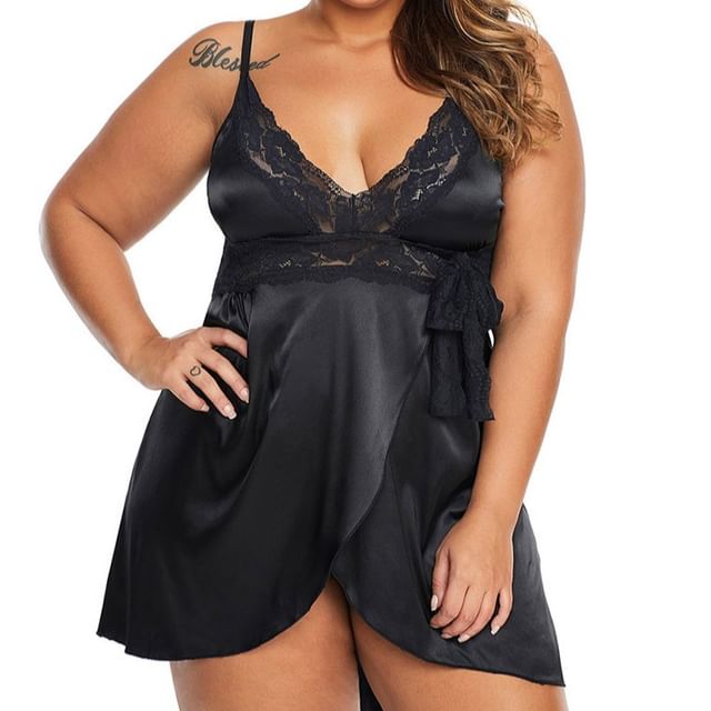 Moly Moly Plus Size Satin Panel Lace Babydoll YesStyle