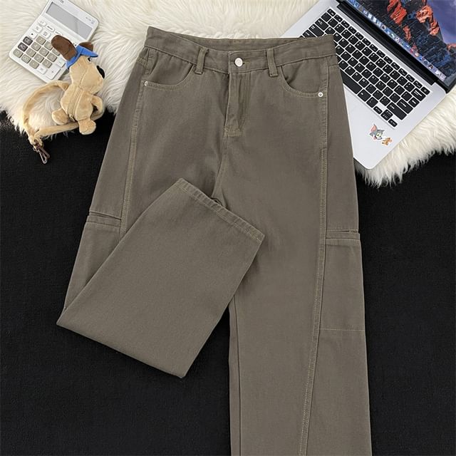 Lorencho-Mid Rise Plain Panel Straight Leg Jeans