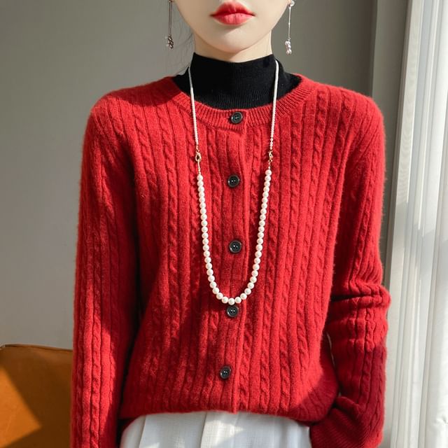 Weelop-Long Sleeve Crew Neck Plain Cable Knit Cardigan