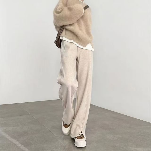Everose-Elastic Waist Slit Loose Fit Pants