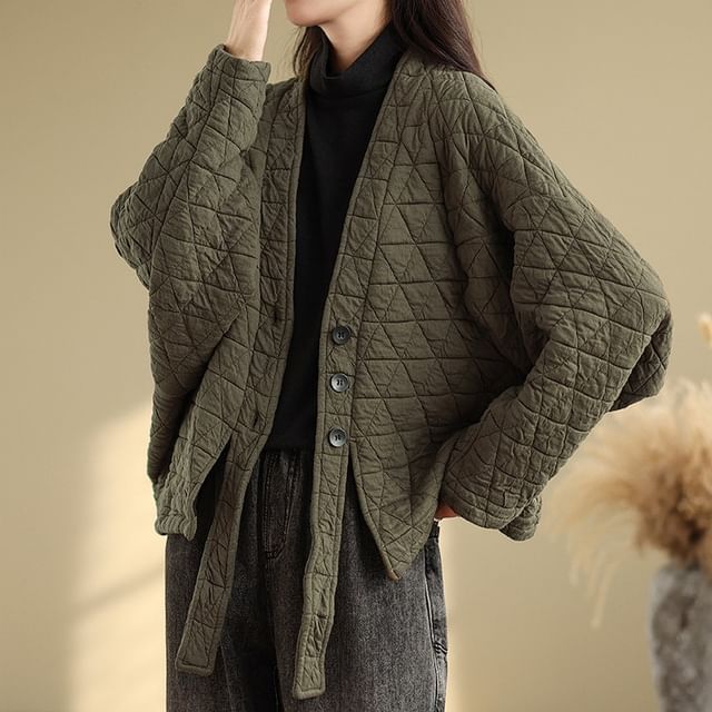 Lucuna-V-Neck Plain Quilted Kimono Jacket
