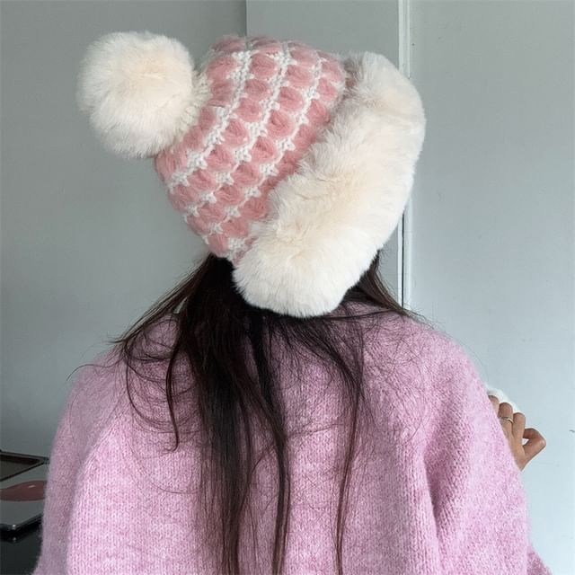 4-4 STUDIO-Pom Pom Plaid Beanie