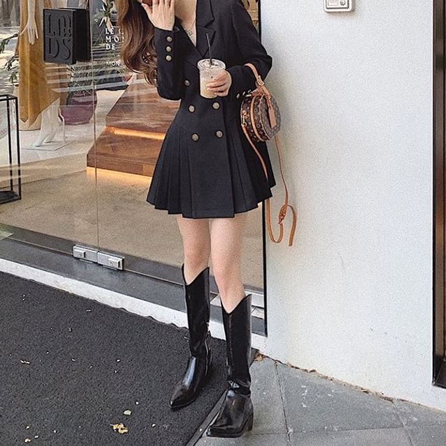 MIKIGA-Long Sleeve Notch Lapel Plain Pleated Double Breasted Mini A-Line Blazer Dress