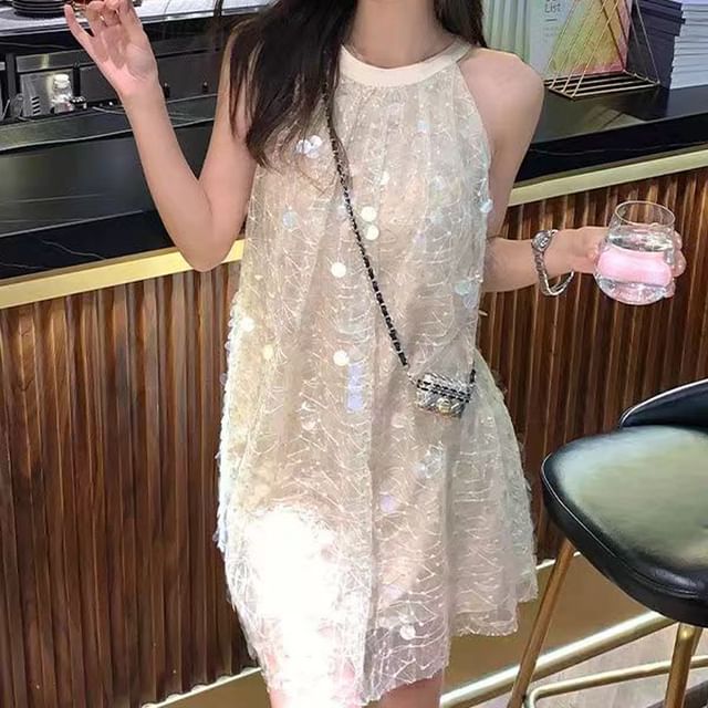 Everose-Halter Sequin Mesh Mini A-Line Dress