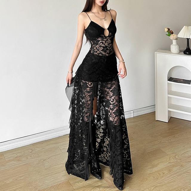 Sugarcoat-Spaghetti Strap V-Neck Plain Ruffle Slit Lace Maxi A-Line Dress